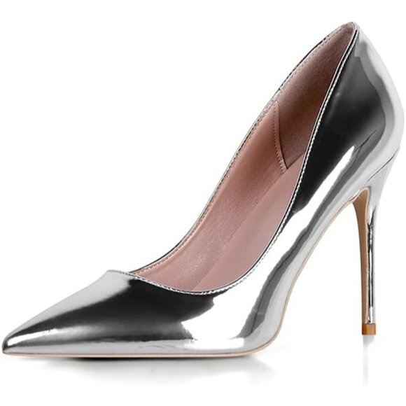 Women's Silver Pointed Toe Slip on Party Wedding Pumps Basic Shoes High Heels - Picture 1 of 8